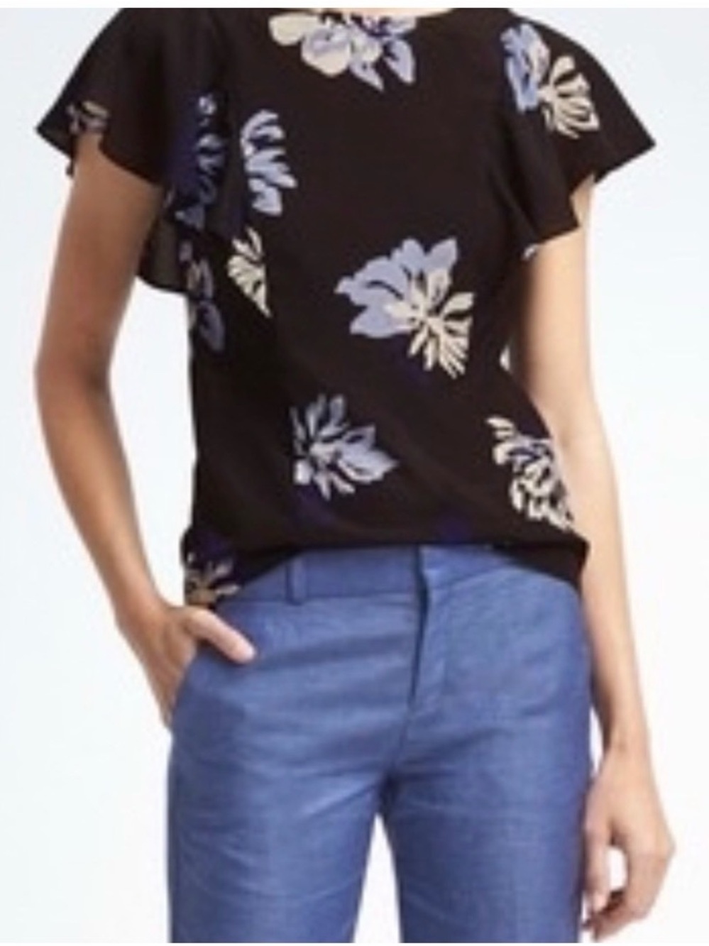 Banana Republic Black Flutter-Sleeve Blouse with Blue and Cream Floral